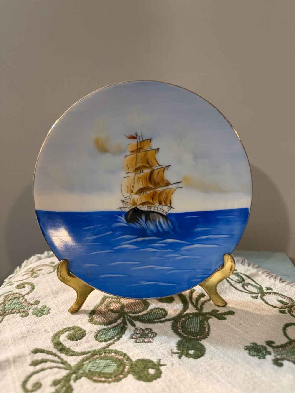 Occupied Japan Ship Decorative Plate - Blue & Gold